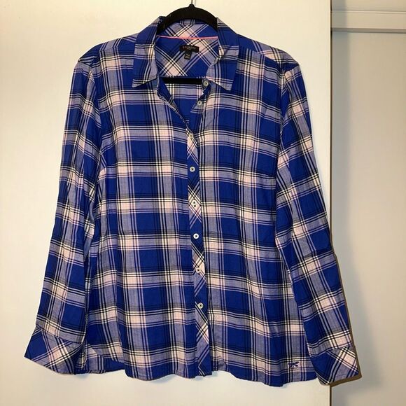 Talbots Petite XLP Collared LS Button Womens Down Shirt Blue Pink Plaid EUC - Picture 1 of 11